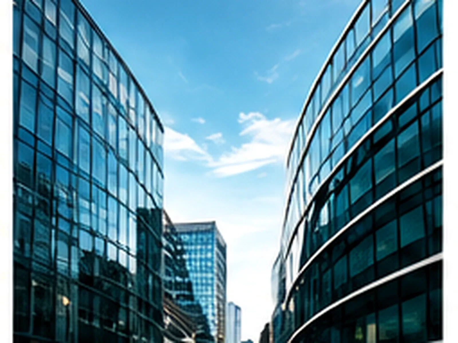 Glass office towers seen from below against a clear sky