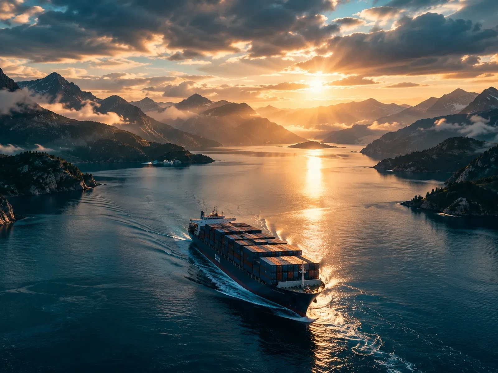 A container ship steaming up a fjord toward the rising sun