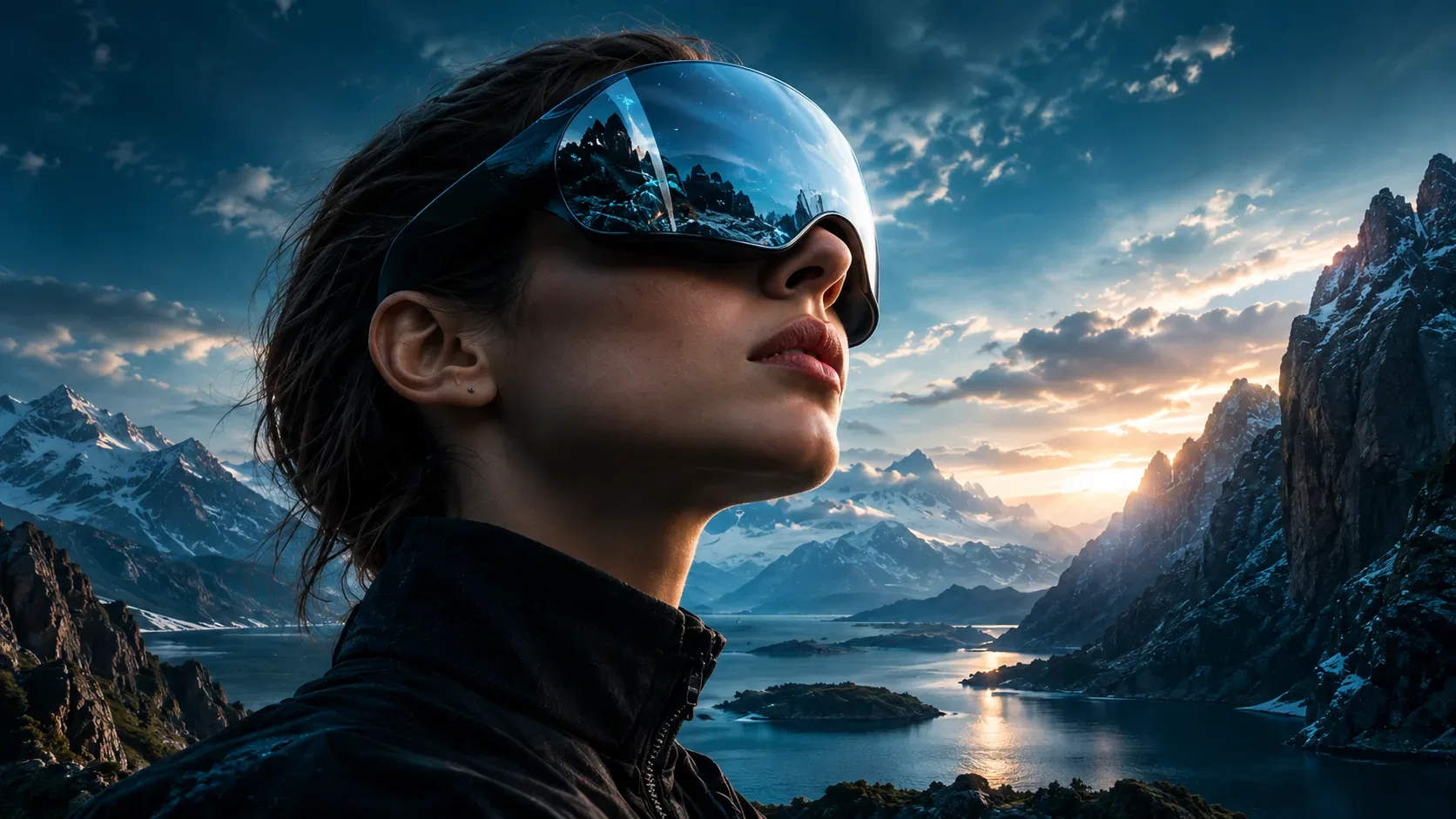 A person wearing an immersive visor, looking up over a mountain lake at dusk