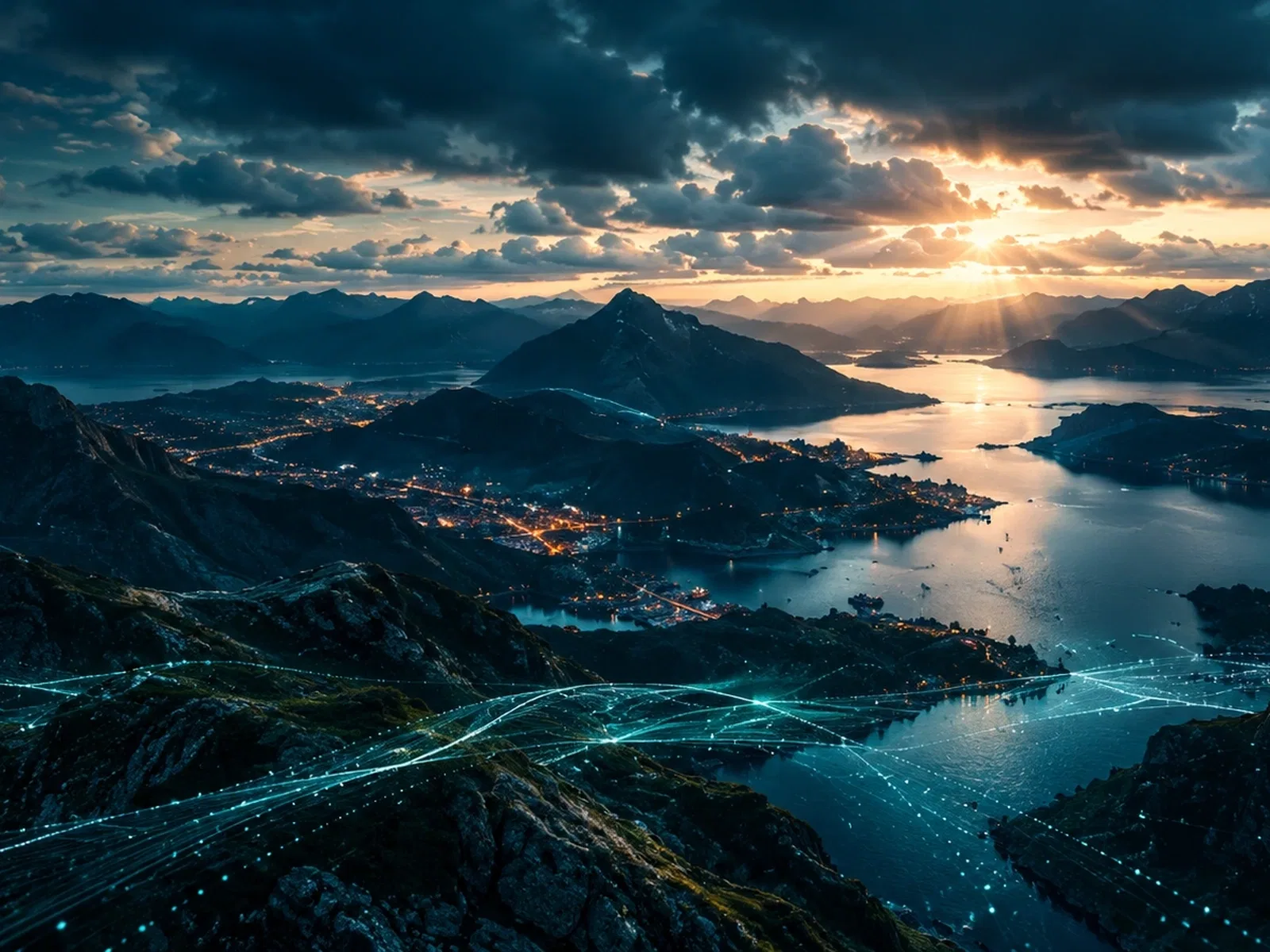 Aerial view of a fjord town at dusk with glowing data lines running through the valley