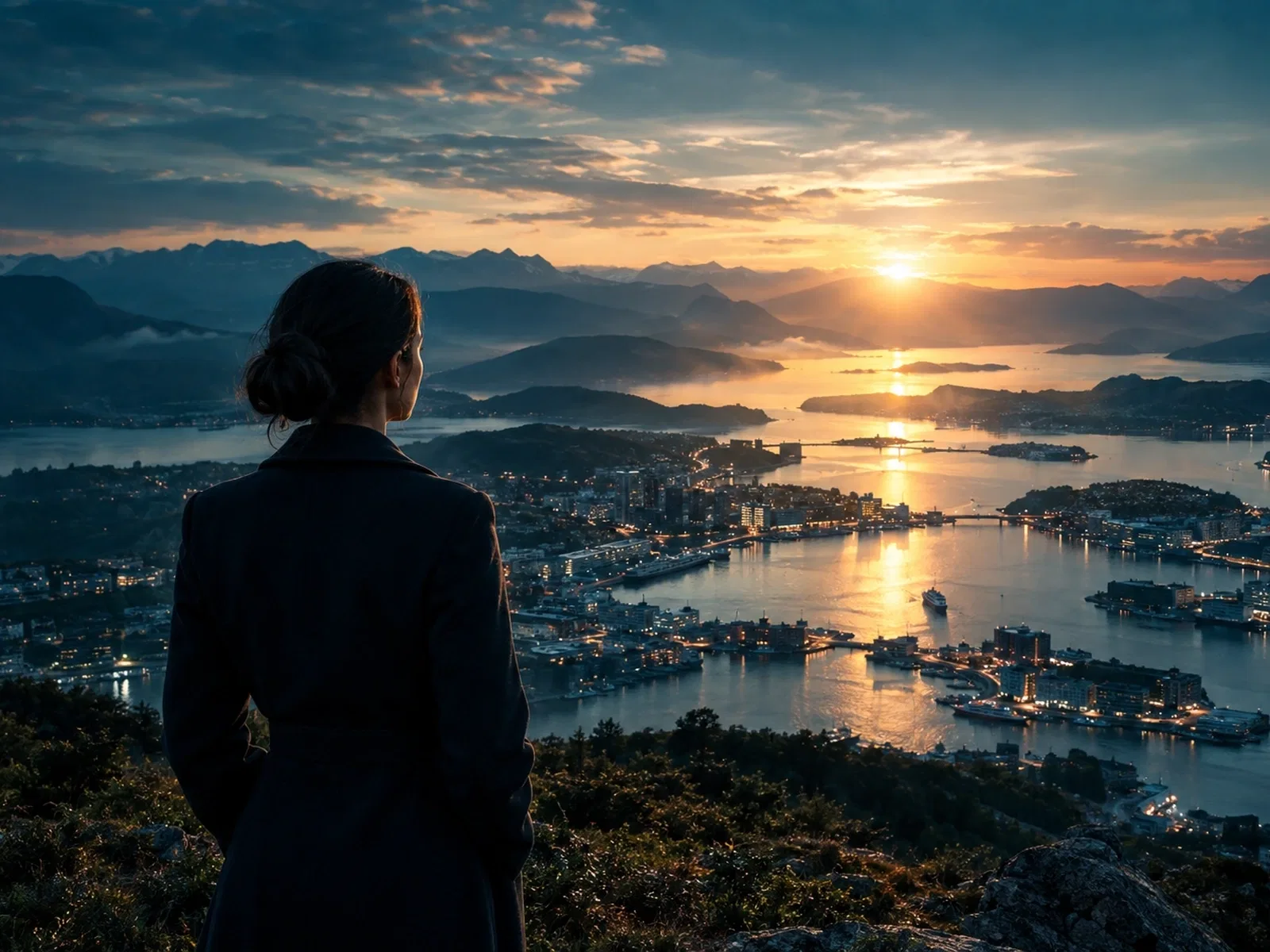 A woman seen from behind, looking out over a harbour town at dawn