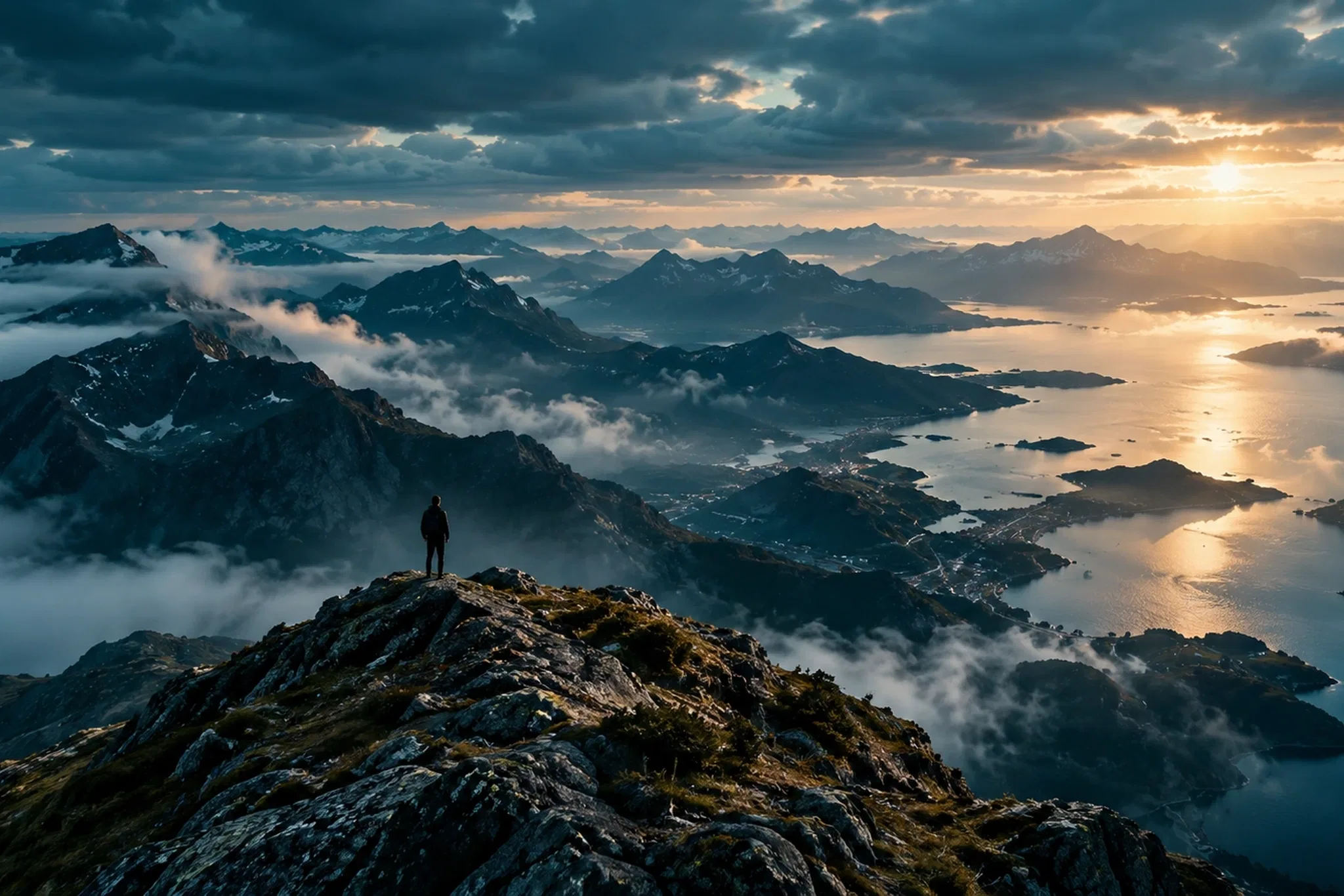 A lone figure standing on a rocky ridge, looking out over a fjord at sunrise