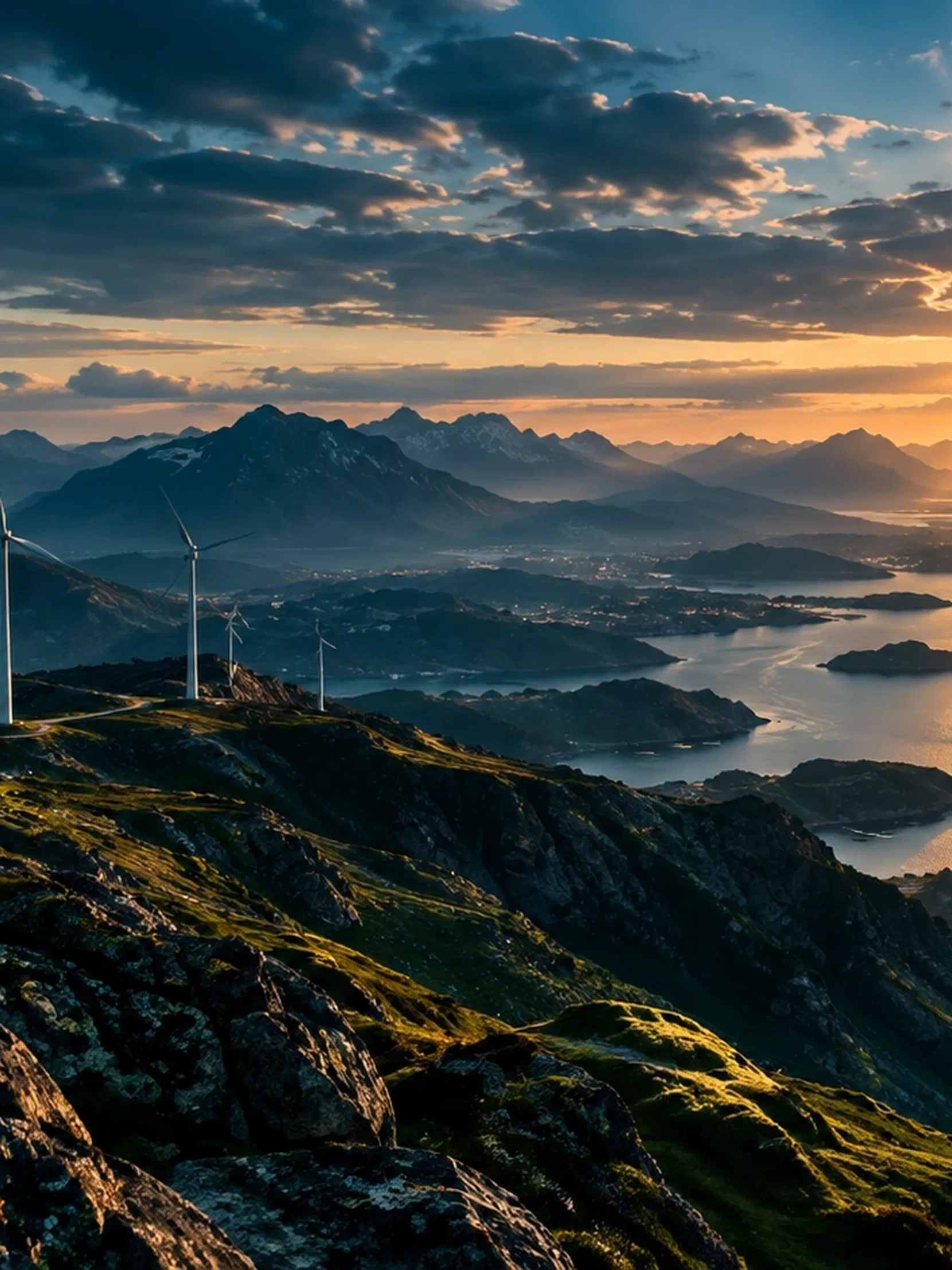 Wind turbines on a green headland above a fjord at sunrise